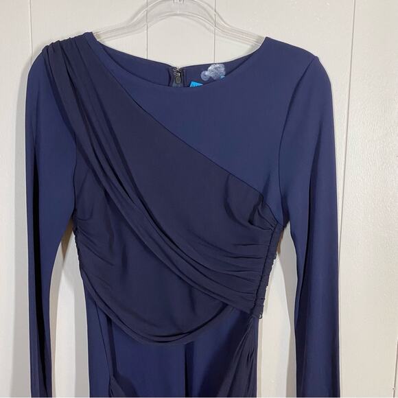 Alice + Olivia Navy Blue Long Sleeve Draped Overlay Goddess Silk Dress Size 10 - Picture 3 of 9